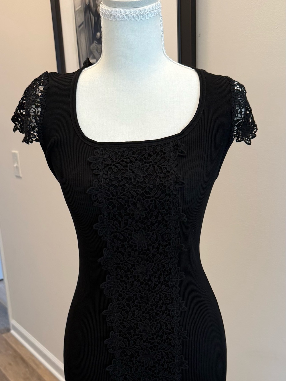 Women's Black Lace-Front Ribbed Scoop Neck Top FEMININE 🖤MADE IN ITALY